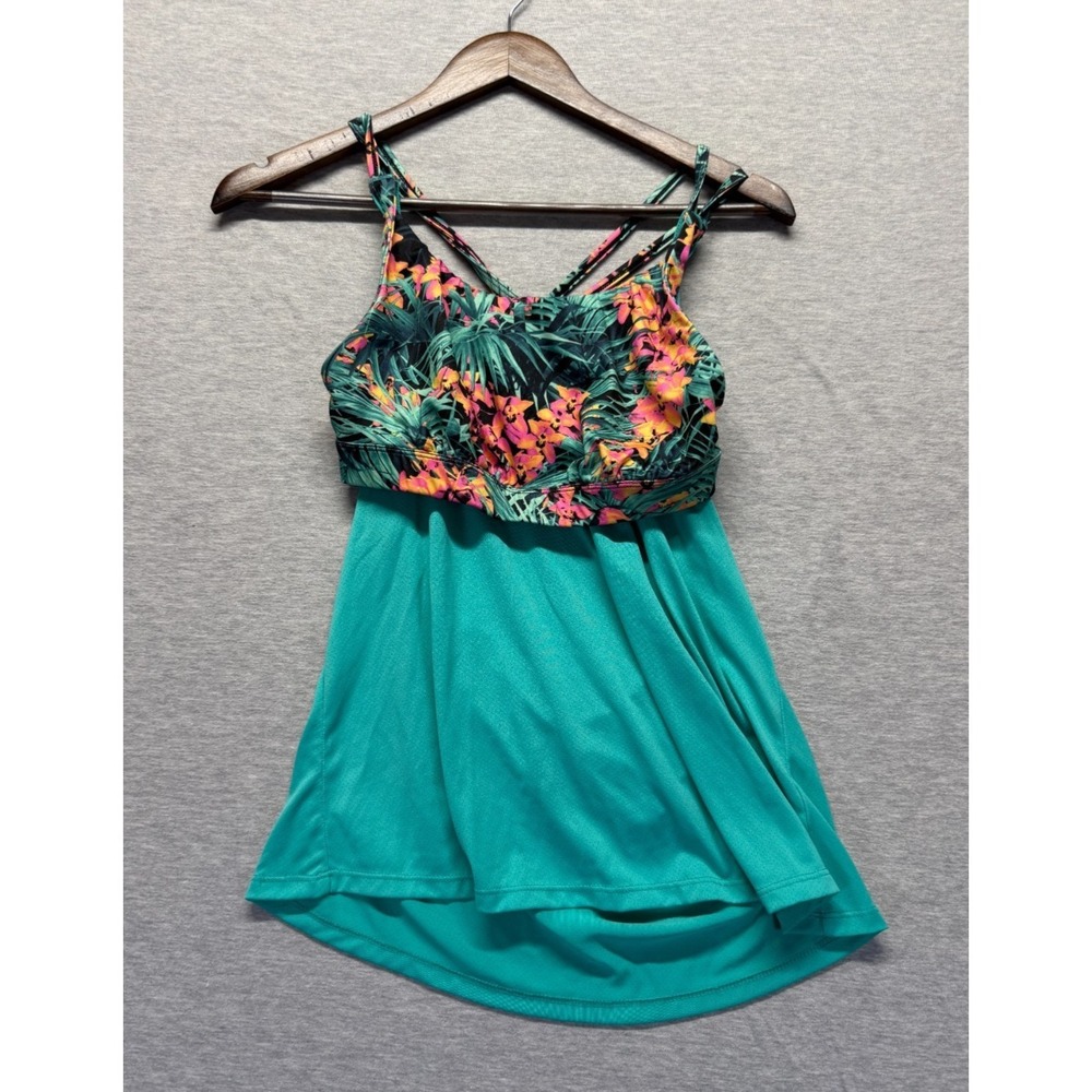 Old Navy Swimwear Tankini Top Women Medium Teal Tropical Print Adjustable Straps